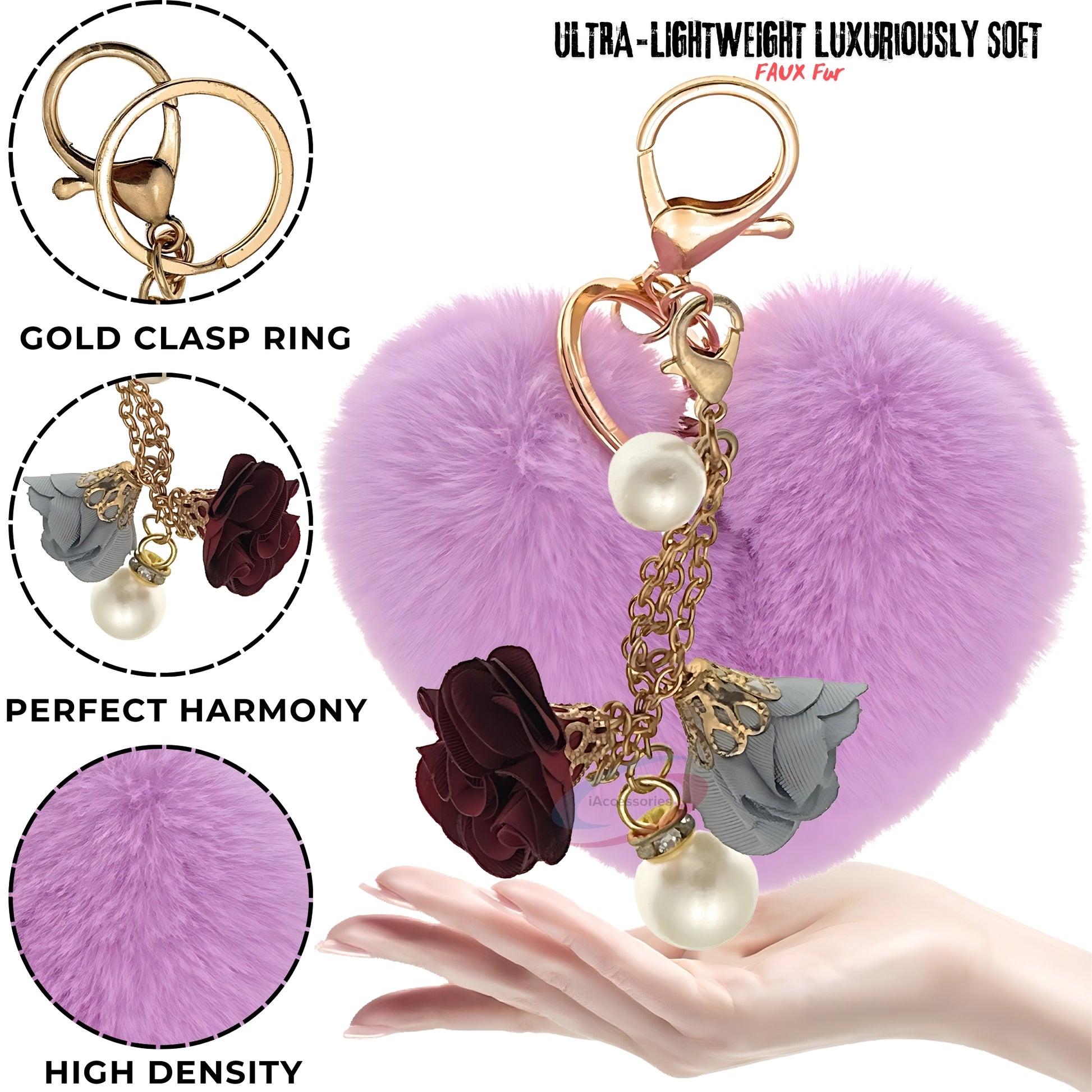 iAccessories Fluffy Faux Fur Pearl Roses Pom Pom Heart Keychain Charm for Girls Bags, Cars, Bikes, Scooty, Home Keys - Light Purple - iAccessories
