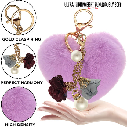 iAccessories Fluffy Faux Fur Pearl Roses Pom Pom Heart Keychain Charm for Girls Bags, Cars, Bikes, Scooty, Home Keys - Light Purple - iAccessories