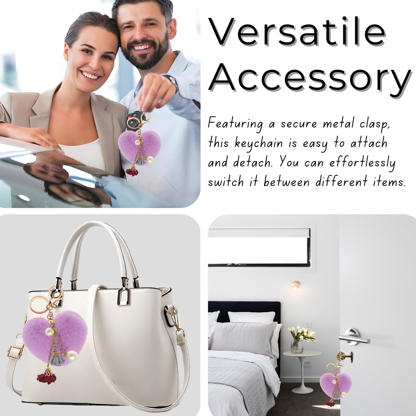 iAccessories Fluffy Faux Fur Pearl Roses Pom Pom Heart Keychain Charm for Girls Bags, Cars, Bikes, Scooty, Home Keys - Light Purple - iAccessories