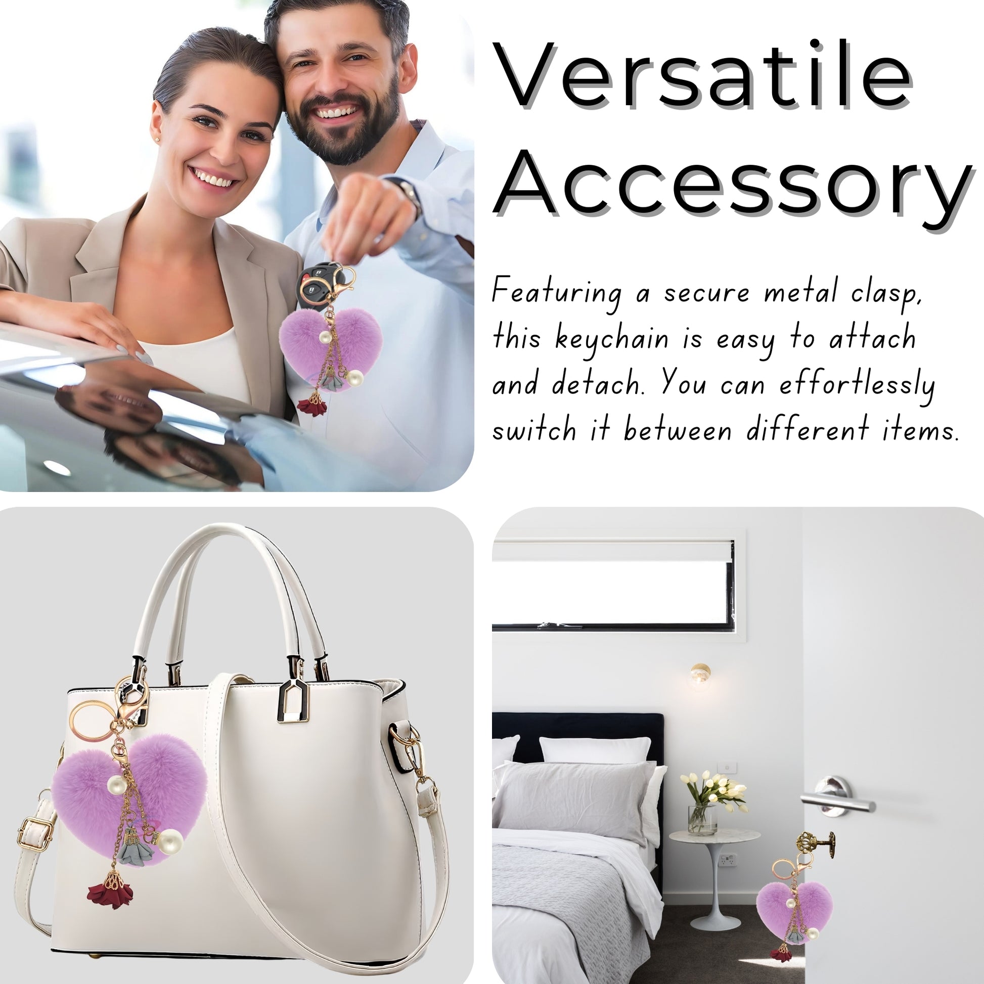 iAccessories Fluffy Faux Fur Pearl Roses Pom Pom Heart Keychain Charm for Girls Bags, Cars, Bikes, Scooty, Home Keys - Light Purple - iAccessories