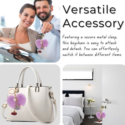 iAccessories Fluffy Faux Fur Pearl Roses Pom Pom Heart Keychain Charm for Girls Bags, Cars, Bikes, Scooty, Home Keys - Light Purple - iAccessories