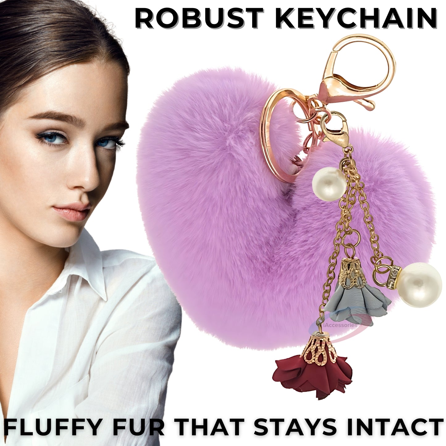 iAccessories Fluffy Faux Fur Pearl Roses Pom Pom Heart Keychain Charm for Girls Bags, Cars, Bikes, Scooty, Home Keys - Light Purple - iAccessories