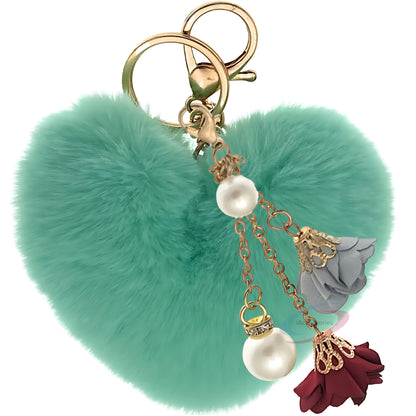 iAccessories Fluffy Faux Fur Pearl Roses Pom Pom Heart Keychain Charm for Girls Bags, Cars, Bikes, Scooty, Home Keys - Mint Green - iAccessories