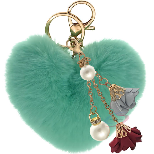 iAccessories Fluffy Faux Fur Pearl Roses Pom Pom Heart Keychain Charm for Girls Bags, Cars, Bikes, Scooty, Home Keys - Mint Green - iAccessories
