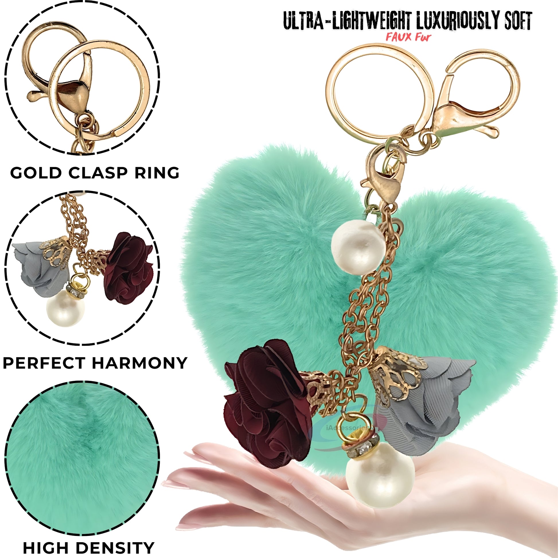 iAccessories Fluffy Faux Fur Pearl Roses Pom Pom Heart Keychain Charm for Girls Bags, Cars, Bikes, Scooty, Home Keys - Mint Green - iAccessories