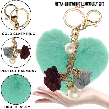 iAccessories Fluffy Faux Fur Pearl Roses Pom Pom Heart Keychain Charm for Girls Bags, Cars, Bikes, Scooty, Home Keys - Mint Green - iAccessories
