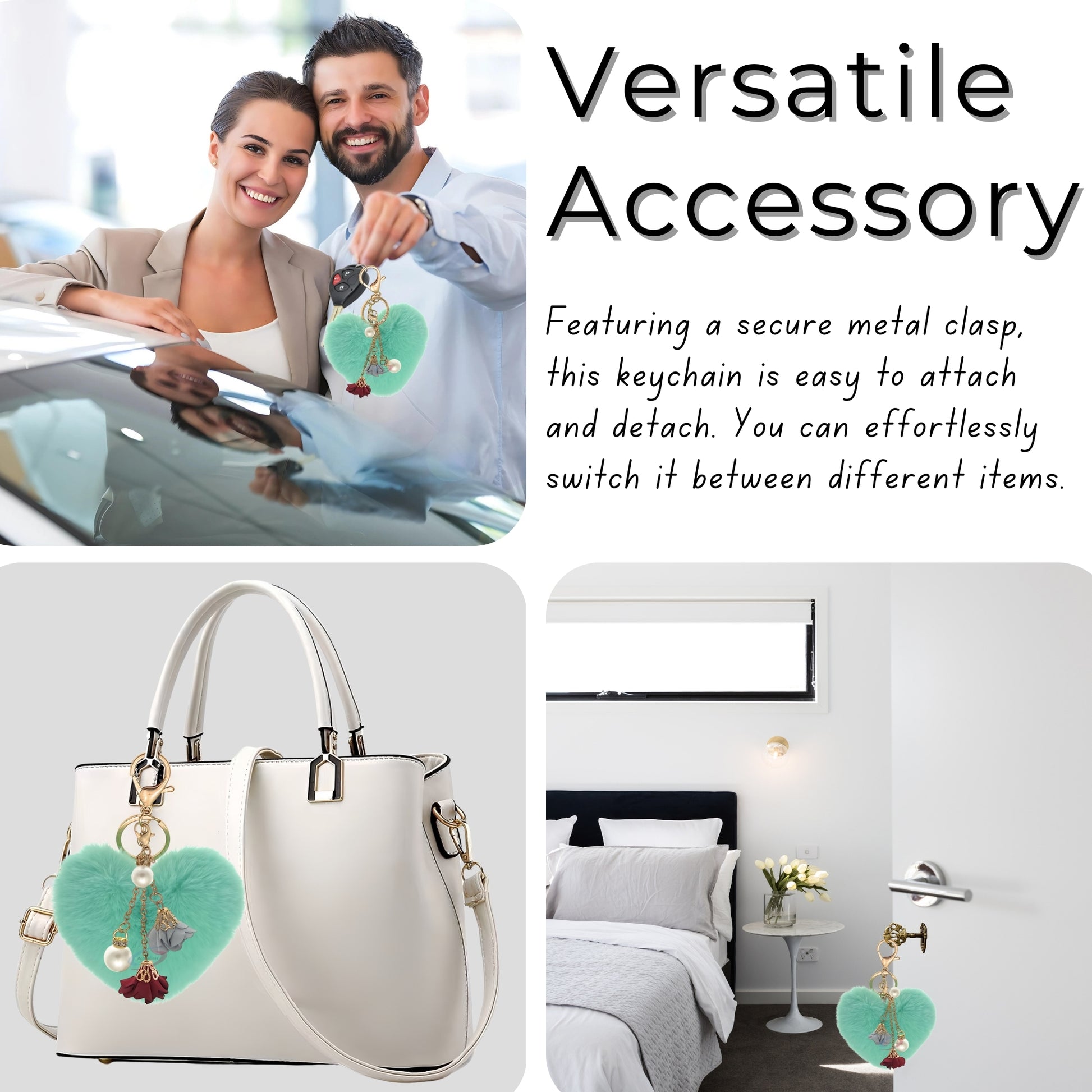 iAccessories Fluffy Faux Fur Pearl Roses Pom Pom Heart Keychain Charm for Girls Bags, Cars, Bikes, Scooty, Home Keys - Mint Green - iAccessories