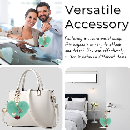 iAccessories Fluffy Faux Fur Pearl Roses Pom Pom Heart Keychain Charm for Girls Bags, Cars, Bikes, Scooty, Home Keys - Mint Green - iAccessories