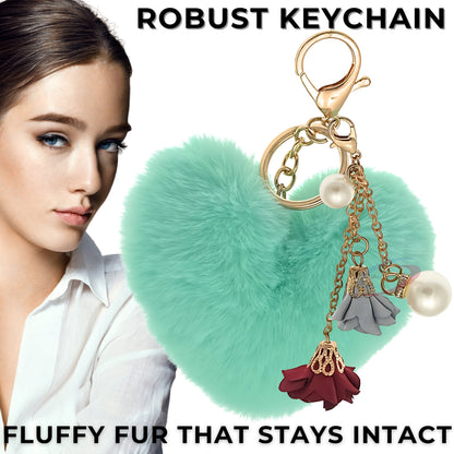 iAccessories Fluffy Faux Fur Pearl Roses Pom Pom Heart Keychain Charm for Girls Bags, Cars, Bikes, Scooty, Home Keys - Mint Green - iAccessories