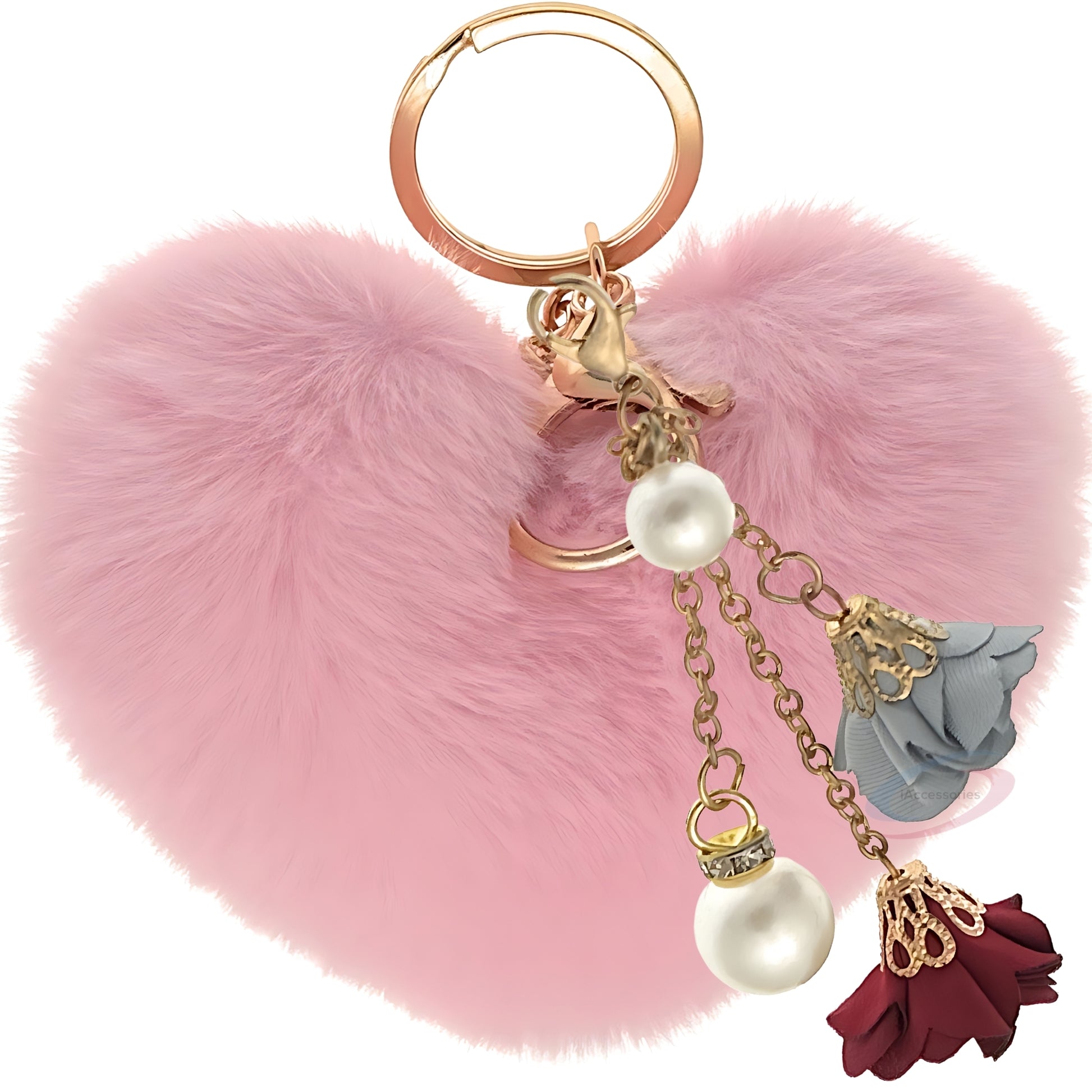 iAccessories Fluffy Faux Fur Pearl Roses Pom Pom Heart Keychain Charm for Girls Bags, Cars, Bikes, Scooty, Home Keys - Pink - iAccessories