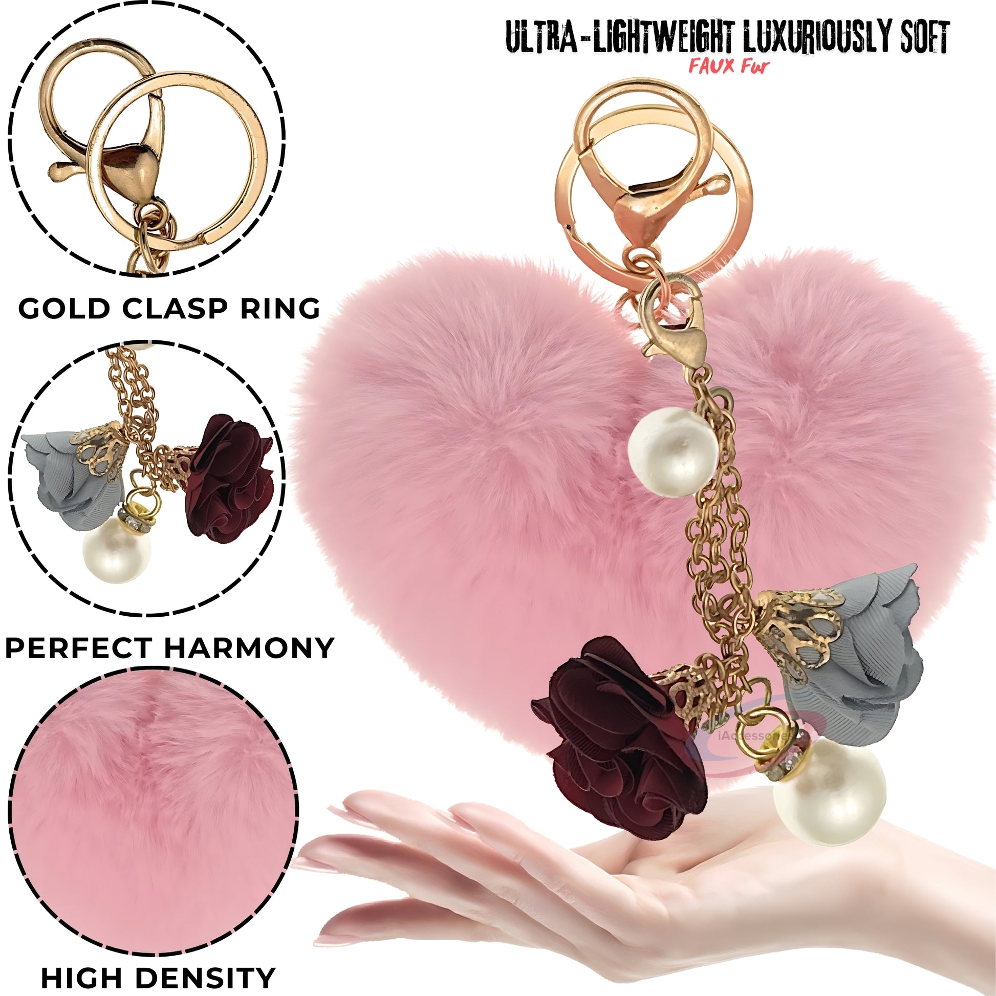 iAccessories Fluffy Faux Fur Pearl Roses Pom Pom Heart Keychain Charm for Girls Bags, Cars, Bikes, Scooty, Home Keys - Pink - iAccessories