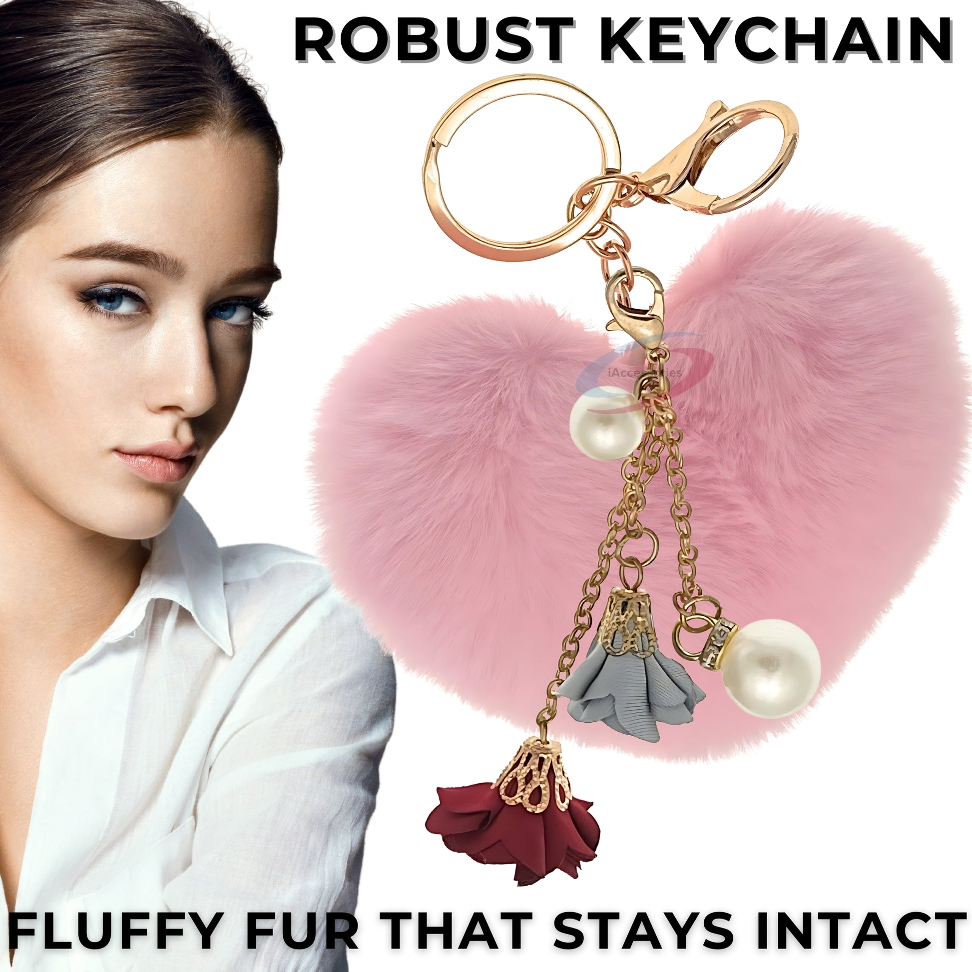 iAccessories Fluffy Faux Fur Pearl Roses Pom Pom Heart Keychain Charm for Girls Bags, Cars, Bikes, Scooty, Home Keys - Pink - iAccessories