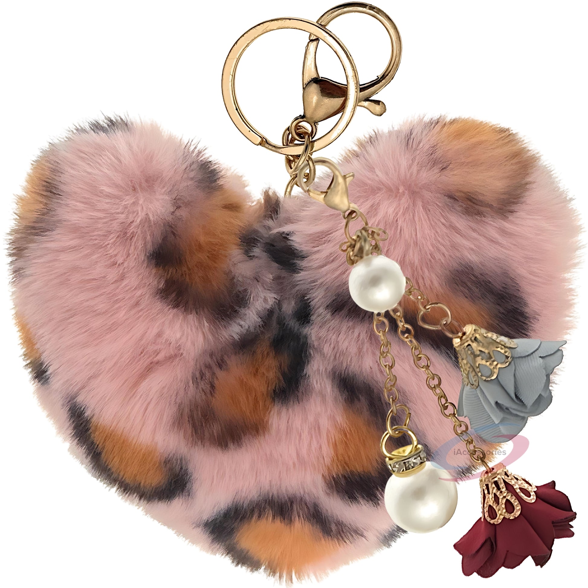 iAccessories Fluffy Faux Fur Pearl Roses Pom Pom Heart Keychain Charm for Girls Bags, Cars, Bikes, Scooty, Home Keys - Pink Lepo - iAccessories