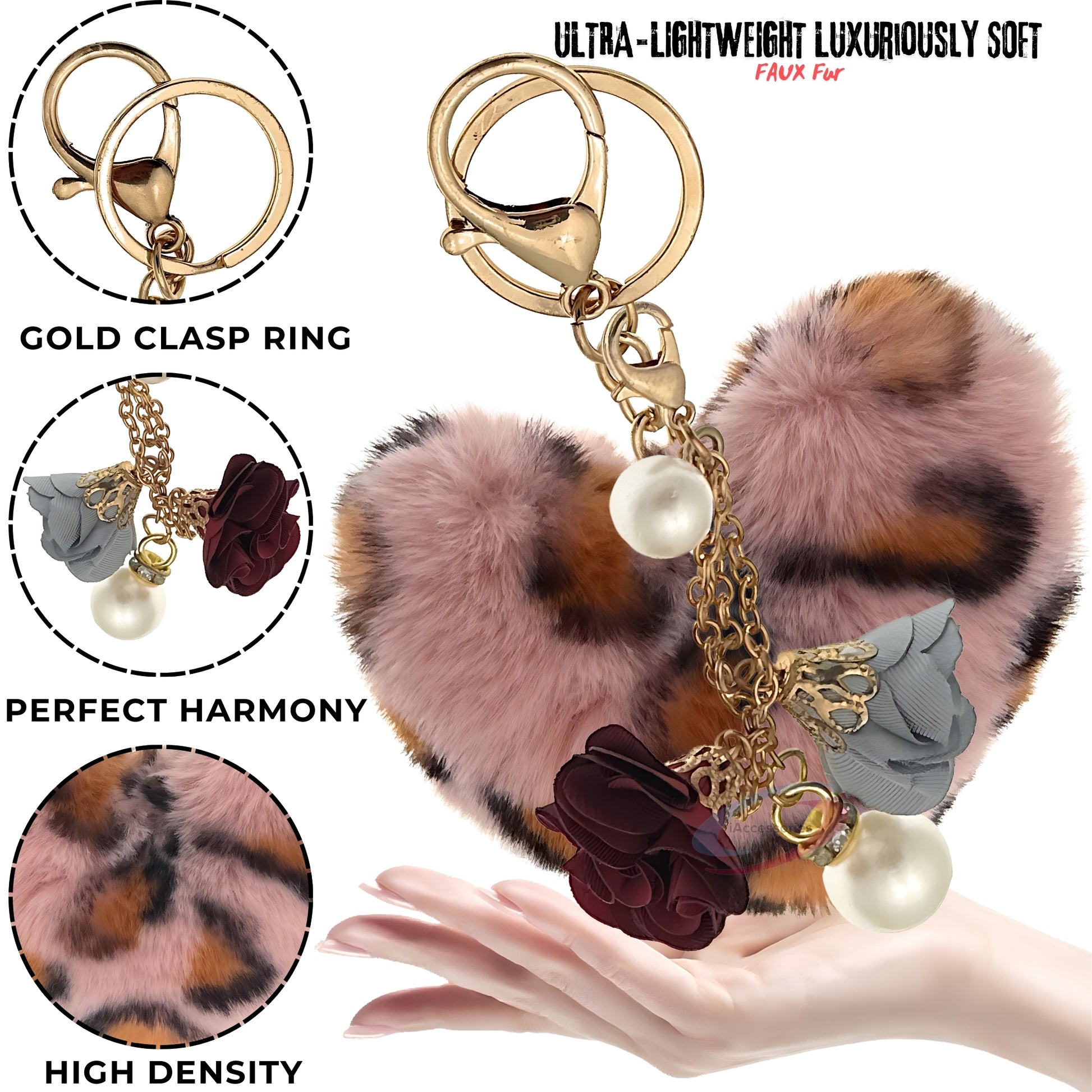 iAccessories Fluffy Faux Fur Pearl Roses Pom Pom Heart Keychain Charm for Girls Bags, Cars, Bikes, Scooty, Home Keys - Pink Lepo - iAccessories