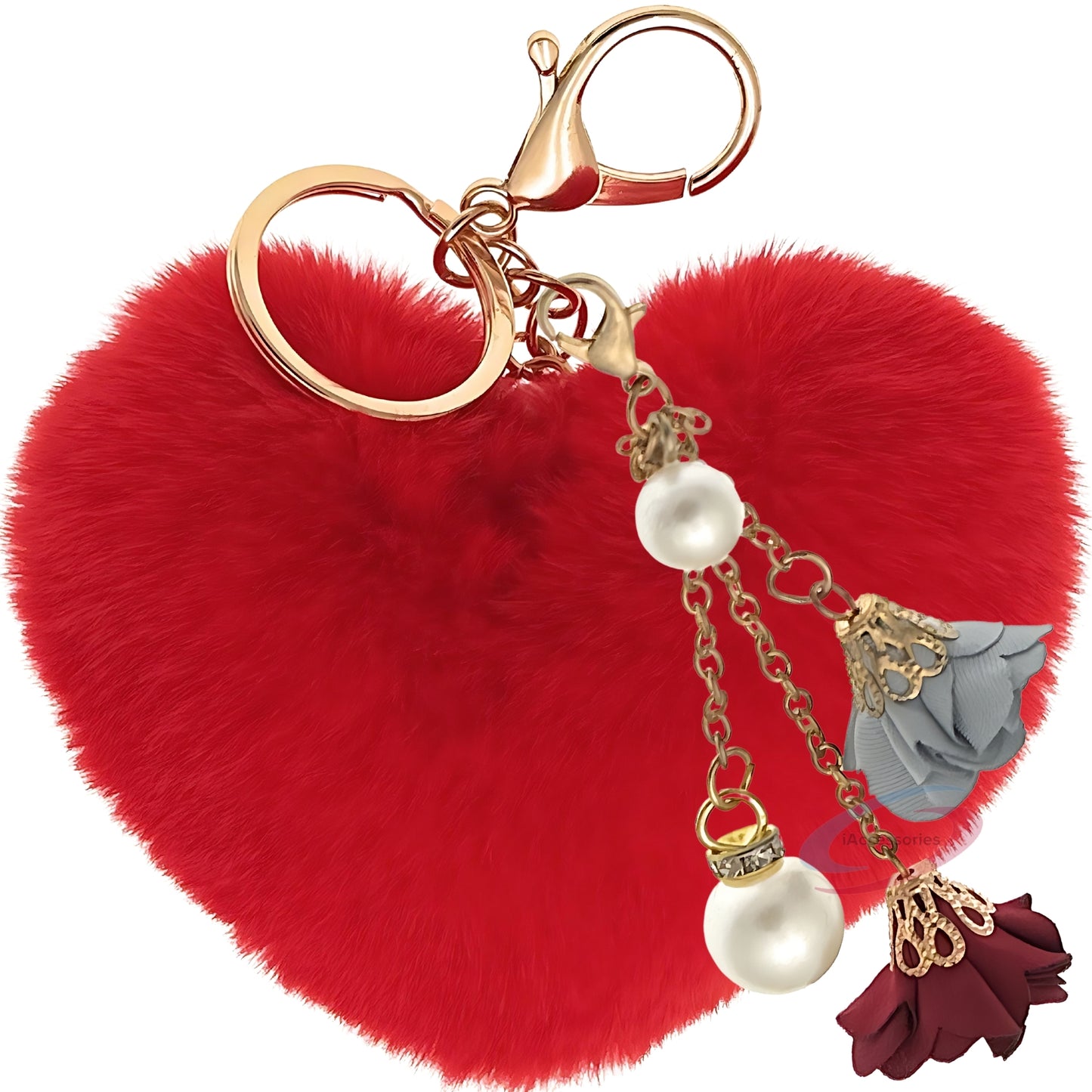 iAccessories Fluffy Faux Fur Pearl Roses Pom Pom Heart Keychain Charm for Girls Bags, Cars, Bikes, Scooty, Home Keys - Red - iAccessories