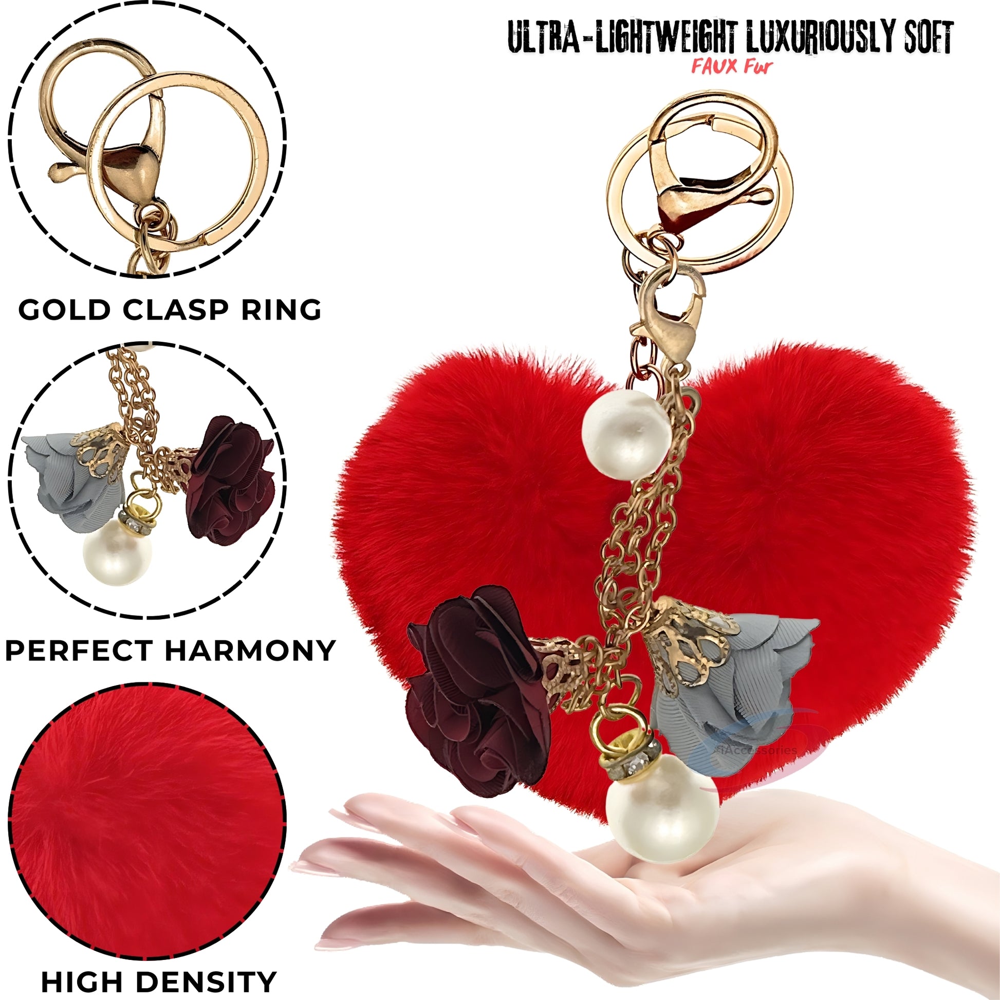 iAccessories Fluffy Faux Fur Pearl Roses Pom Pom Heart Keychain Charm for Girls Bags, Cars, Bikes, Scooty, Home Keys - Red - iAccessories