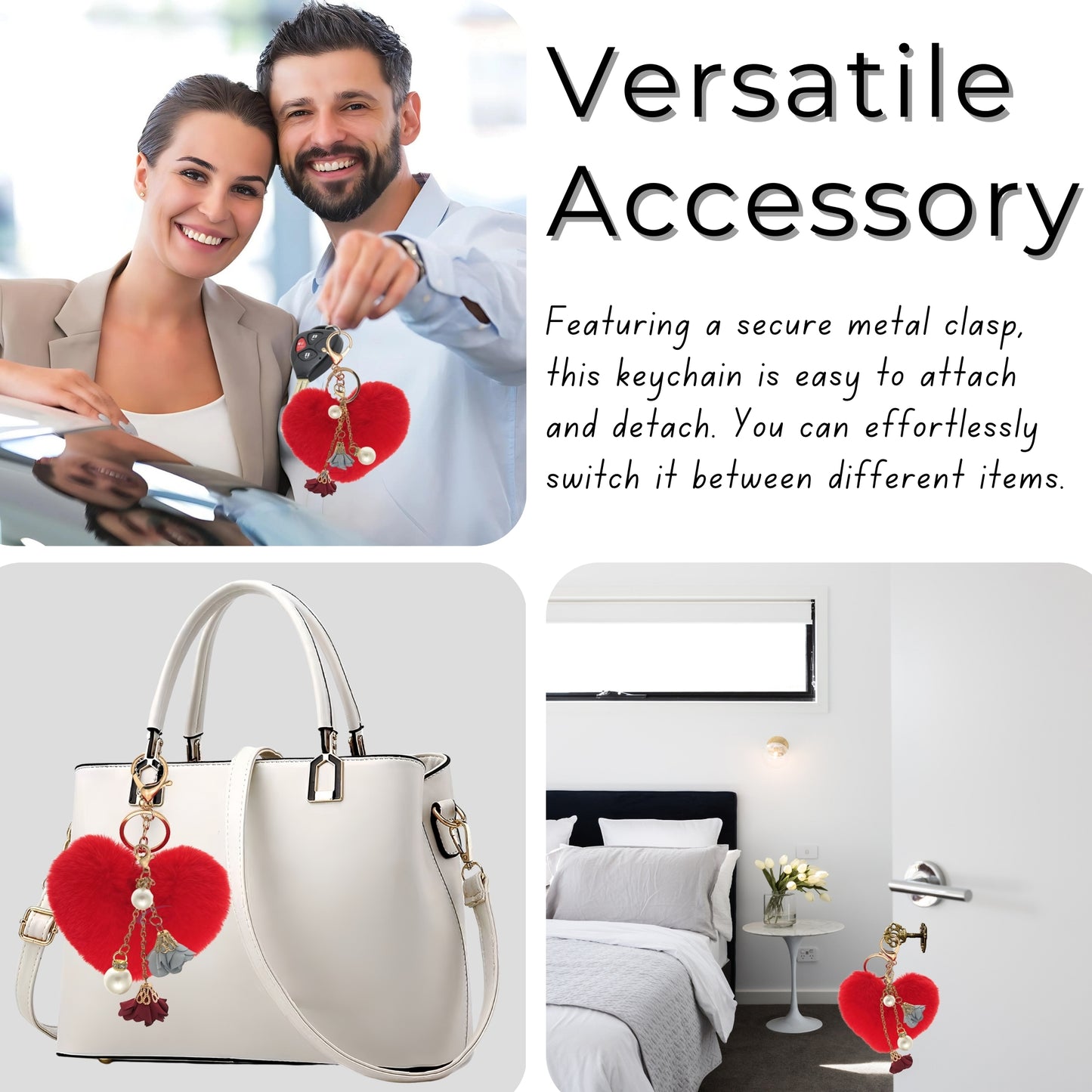 iAccessories Fluffy Faux Fur Pearl Roses Pom Pom Heart Keychain Charm for Girls Bags, Cars, Bikes, Scooty, Home Keys - Red - iAccessories