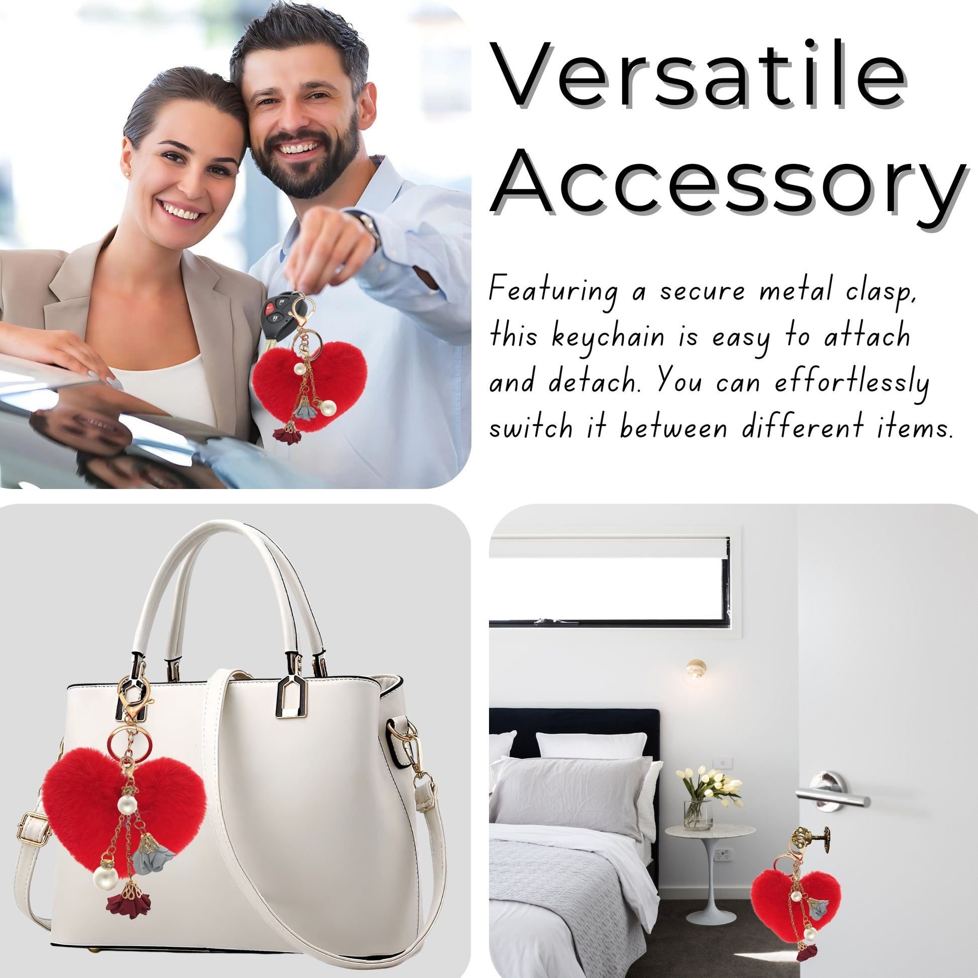 iAccessories Fluffy Faux Fur Pearl Roses Pom Pom Heart Keychain Charm for Girls Bags, Cars, Bikes, Scooty, Home Keys - Red - iAccessories