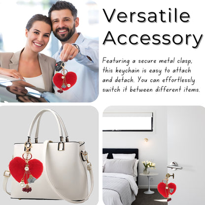 iAccessories Fluffy Faux Fur Pearl Roses Pom Pom Heart Keychain Charm for Girls Bags, Cars, Bikes, Scooty, Home Keys - Red - iAccessories