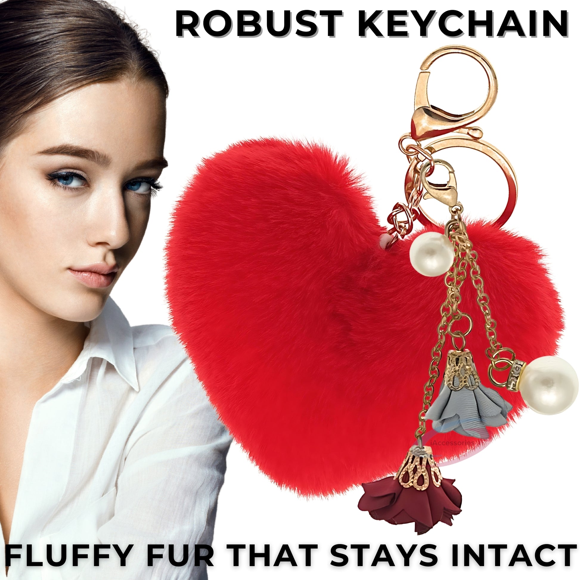iAccessories Fluffy Faux Fur Pearl Roses Pom Pom Heart Keychain Charm for Girls Bags, Cars, Bikes, Scooty, Home Keys - Red - iAccessories