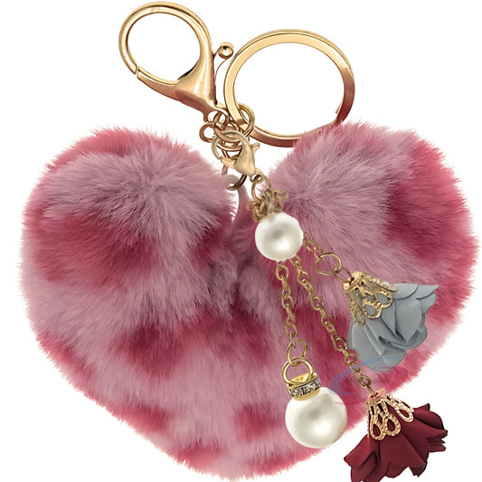 iAccessories Fluffy Faux Fur Pearl Roses Pom Pom Heart Keychain Charm for Girls Bags, Cars, Bikes, Scooty, Home Keys - Rose Lepo - iAccessories