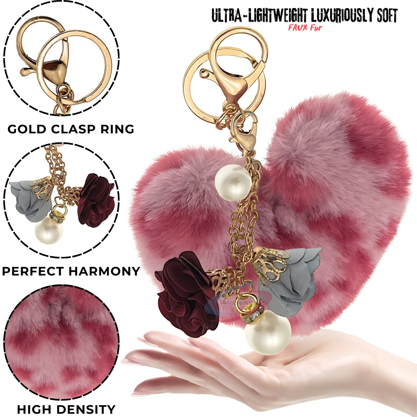 iAccessories Fluffy Faux Fur Pearl Roses Pom Pom Heart Keychain Charm for Girls Bags, Cars, Bikes, Scooty, Home Keys - Rose Lepo - iAccessories
