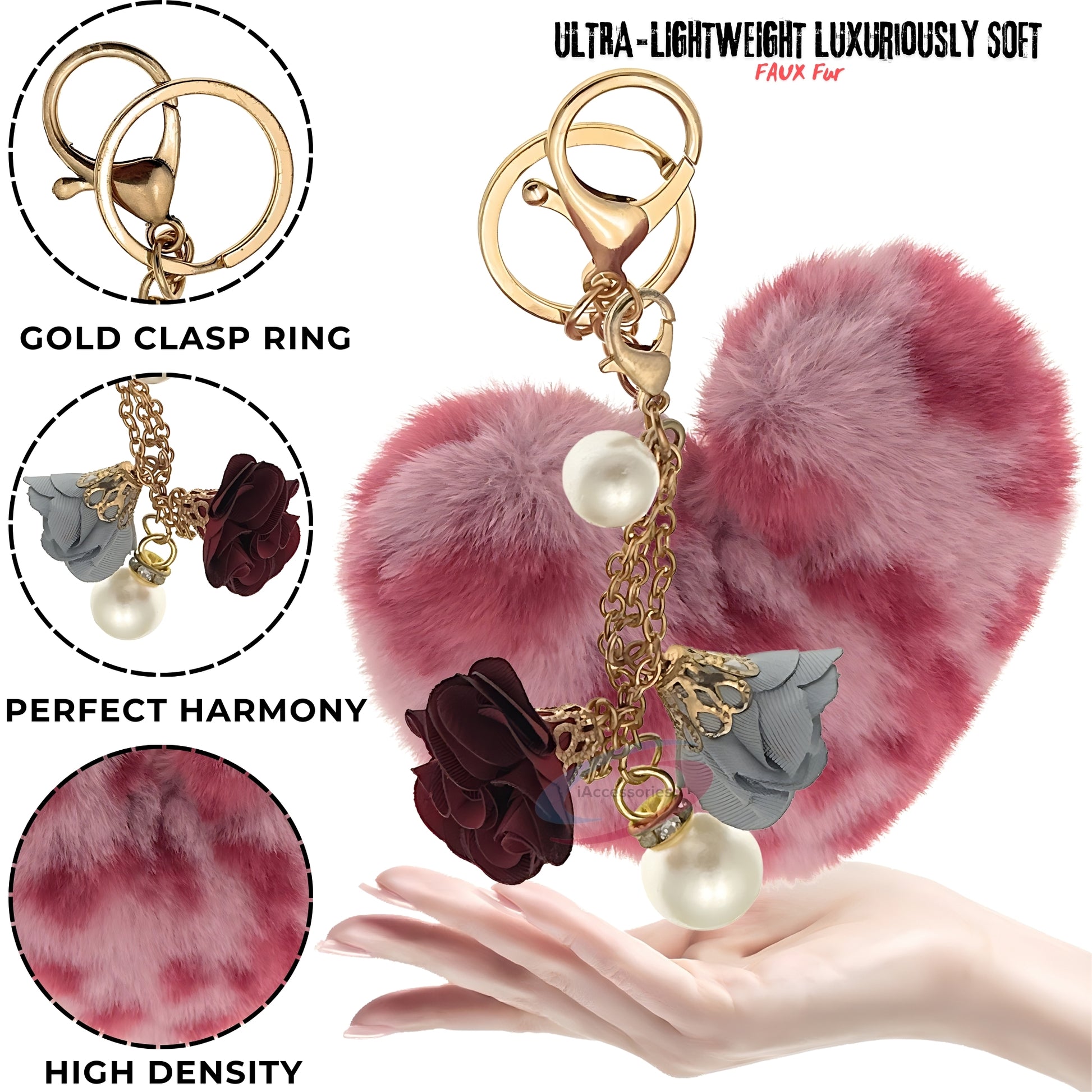 iAccessories Fluffy Faux Fur Pearl Roses Pom Pom Heart Keychain Charm for Girls Bags, Cars, Bikes, Scooty, Home Keys - Rose Lepo - iAccessories