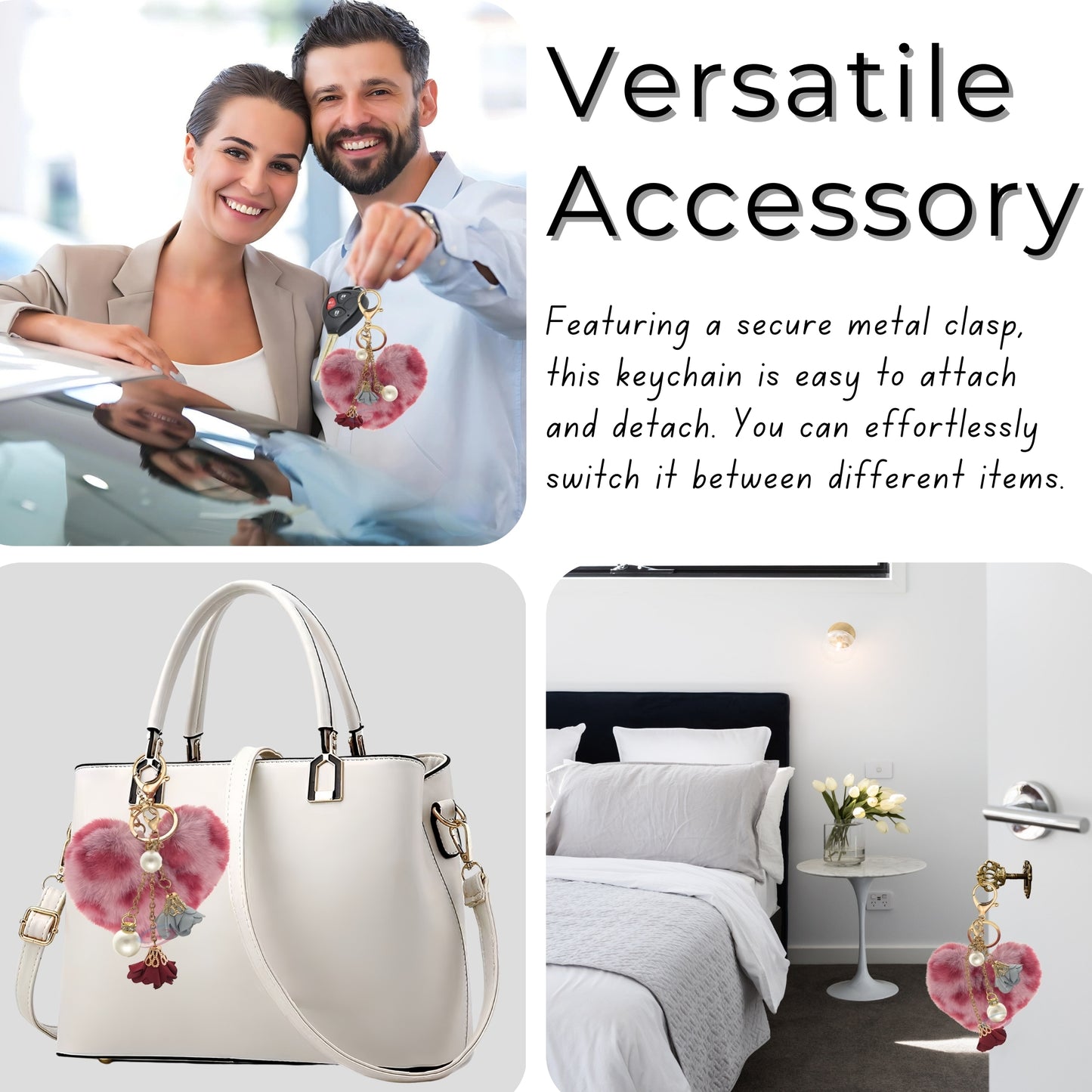 iAccessories Fluffy Faux Fur Pearl Roses Pom Pom Heart Keychain Charm for Girls Bags, Cars, Bikes, Scooty, Home Keys - Rose Lepo - iAccessories
