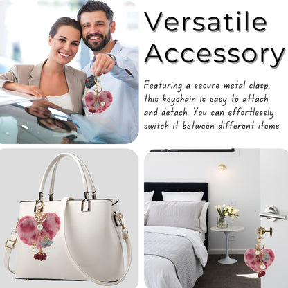 iAccessories Fluffy Faux Fur Pearl Roses Pom Pom Heart Keychain Charm for Girls Bags, Cars, Bikes, Scooty, Home Keys - Rose Lepo - iAccessories