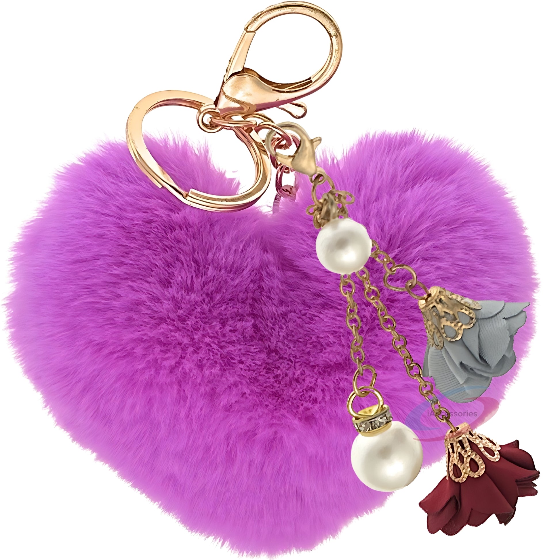iAccessories Fluffy Faux Fur Pearl Roses Pom Pom Heart Keychain Charm for Girls Bags, Cars, Bikes, Scooty, Home Keys - Violet - iAccessories