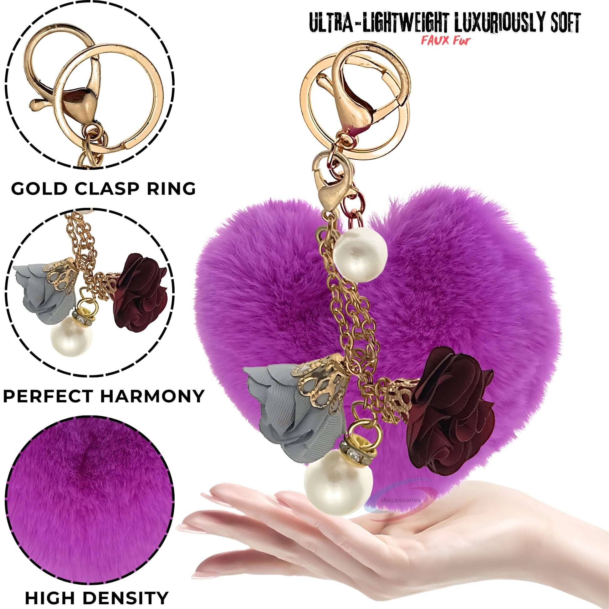 iAccessories Fluffy Faux Fur Pearl Roses Pom Pom Heart Keychain Charm for Girls Bags, Cars, Bikes, Scooty, Home Keys - Violet - iAccessories