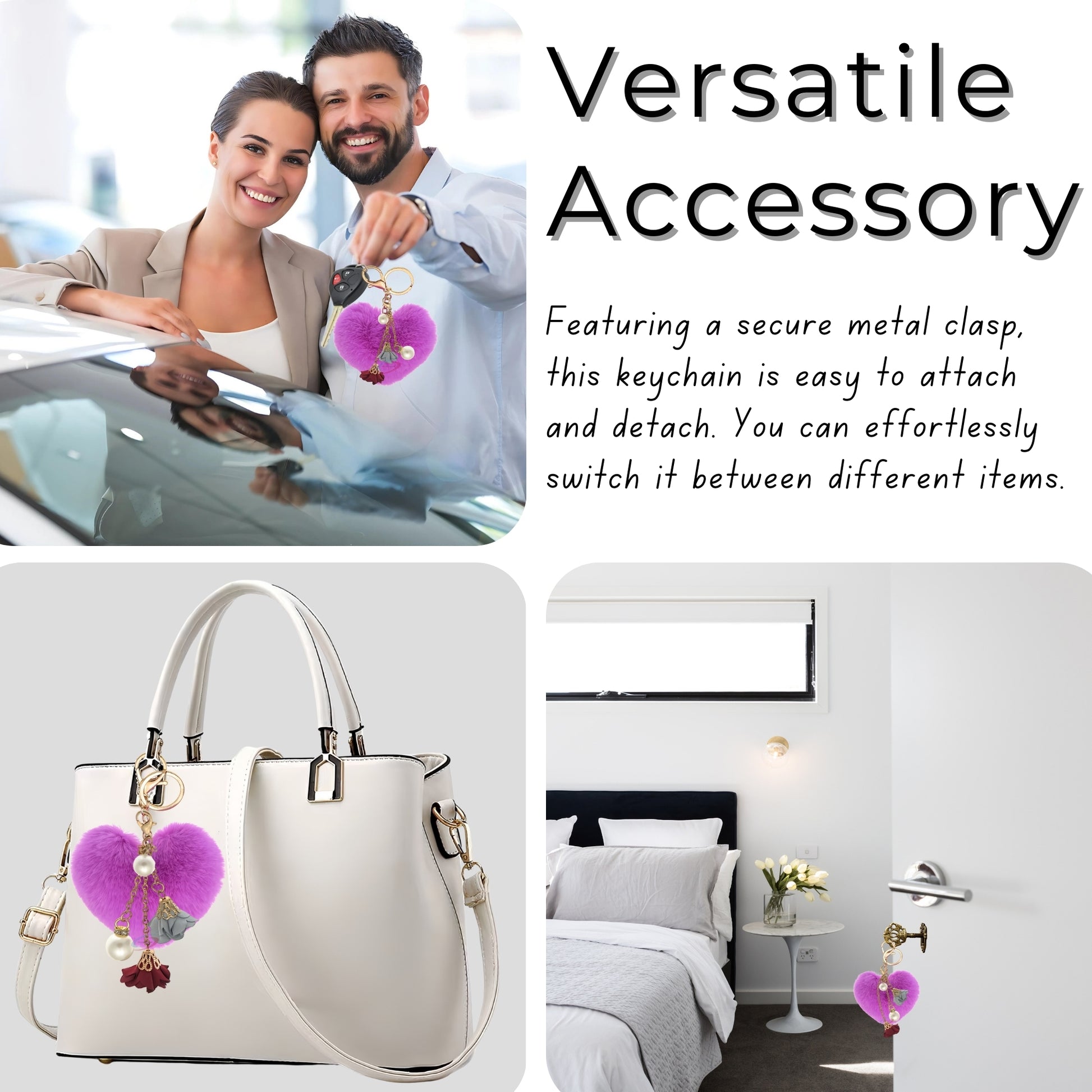 iAccessories Fluffy Faux Fur Pearl Roses Pom Pom Heart Keychain Charm for Girls Bags, Cars, Bikes, Scooty, Home Keys - Violet - iAccessories
