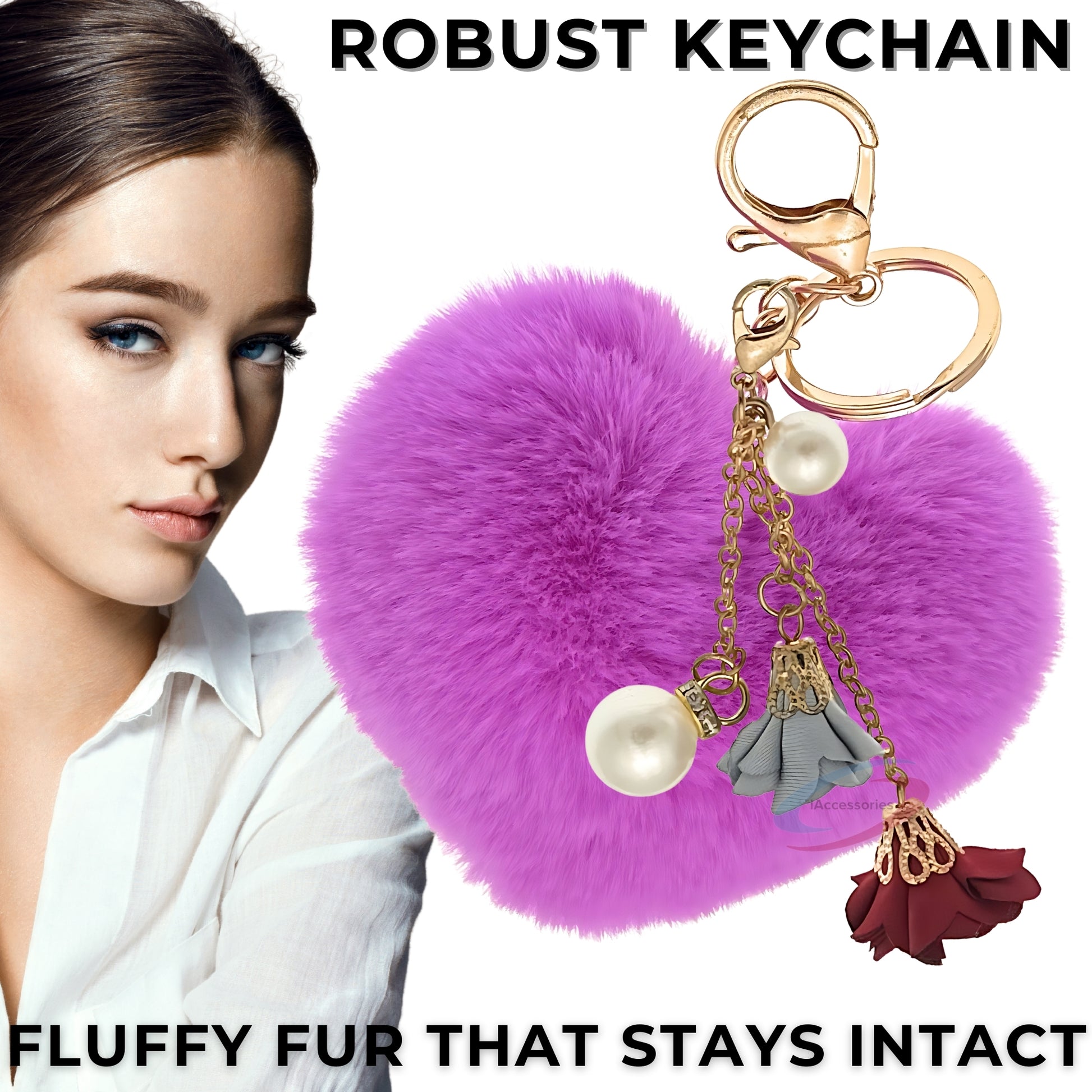 iAccessories Fluffy Faux Fur Pearl Roses Pom Pom Heart Keychain Charm for Girls Bags, Cars, Bikes, Scooty, Home Keys - Violet - iAccessories