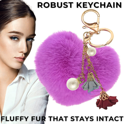 iAccessories Fluffy Faux Fur Pearl Roses Pom Pom Heart Keychain Charm for Girls Bags, Cars, Bikes, Scooty, Home Keys - Violet - iAccessories