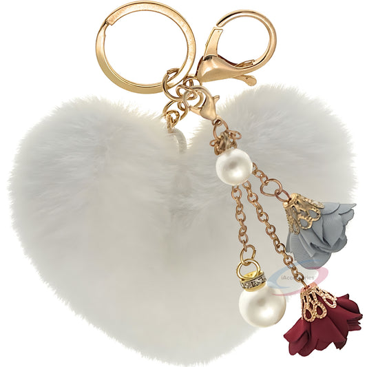 iAccessories Fluffy Faux Fur Pearl Roses Pom Pom Heart Keychain Charm for Girls Bags, Cars, Bikes, Scooty, Home Keys - White - iAccessories