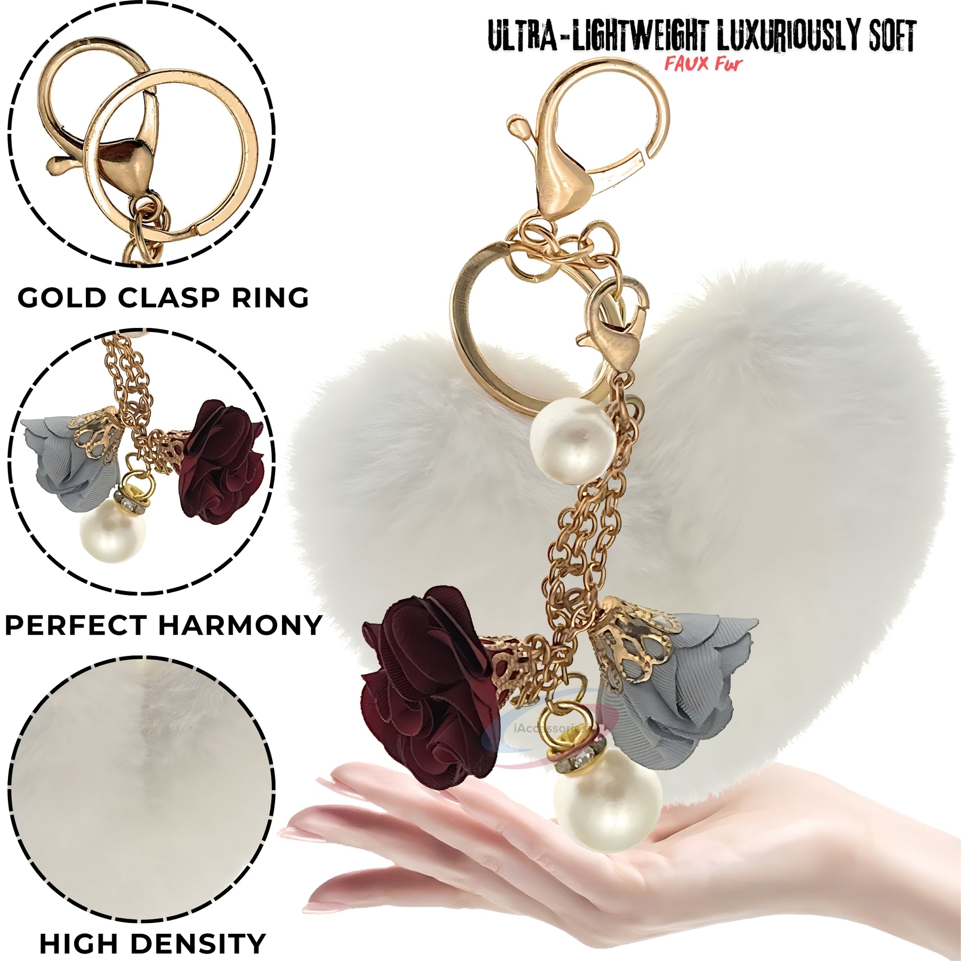 iAccessories Fluffy Faux Fur Pearl Roses Pom Pom Heart Keychain Charm for Girls Bags, Cars, Bikes, Scooty, Home Keys - White - iAccessories