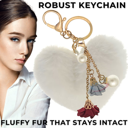 iAccessories Fluffy Faux Fur Pearl Roses Pom Pom Heart Keychain Charm for Girls Bags, Cars, Bikes, Scooty, Home Keys - White - iAccessories