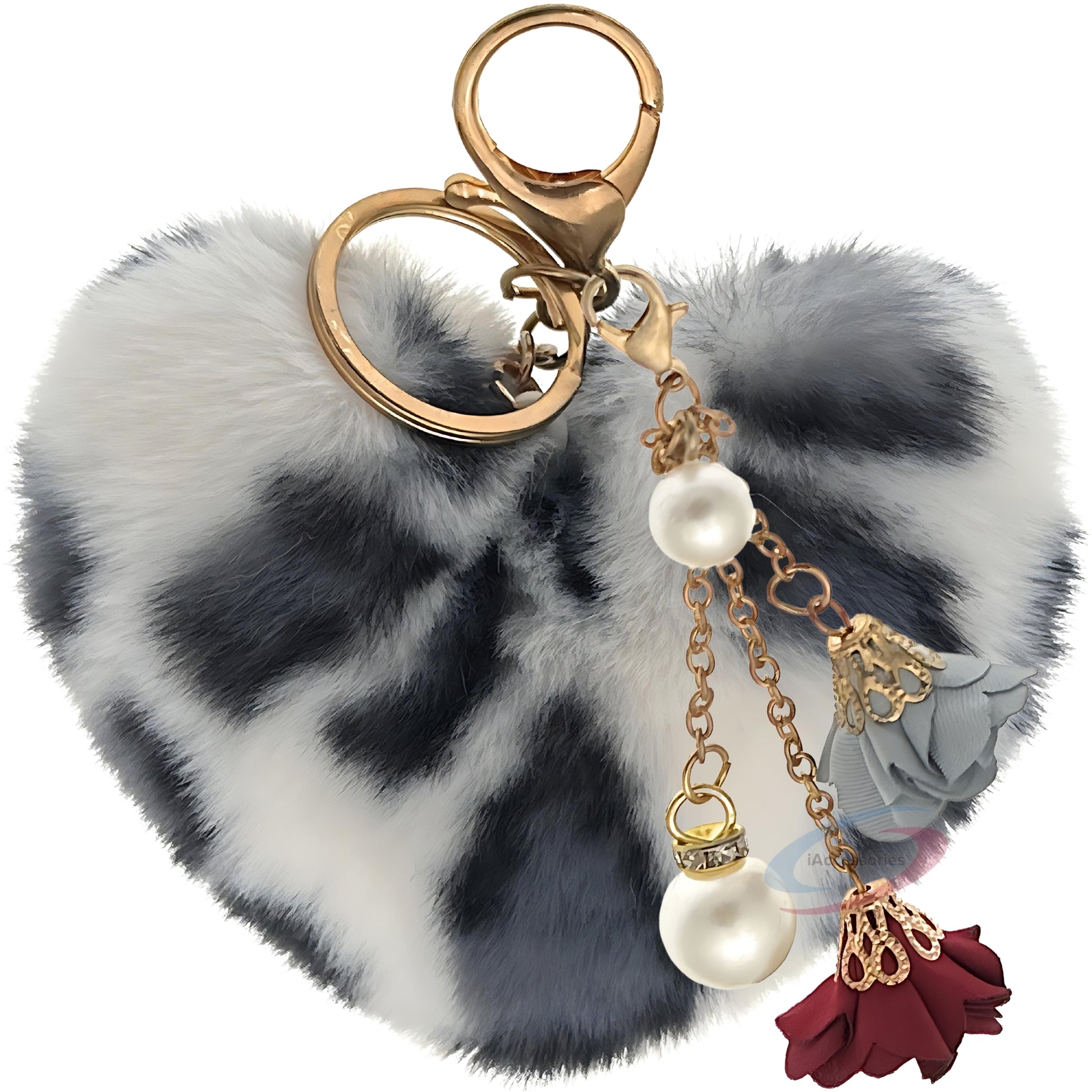 iAccessories Fluffy Faux Fur Pearl Roses Pom Pom Heart Keychain Charm for Girls Bags, Cars, Bikes, Scooty, Home Keys - White Black Lepo - iAccessories