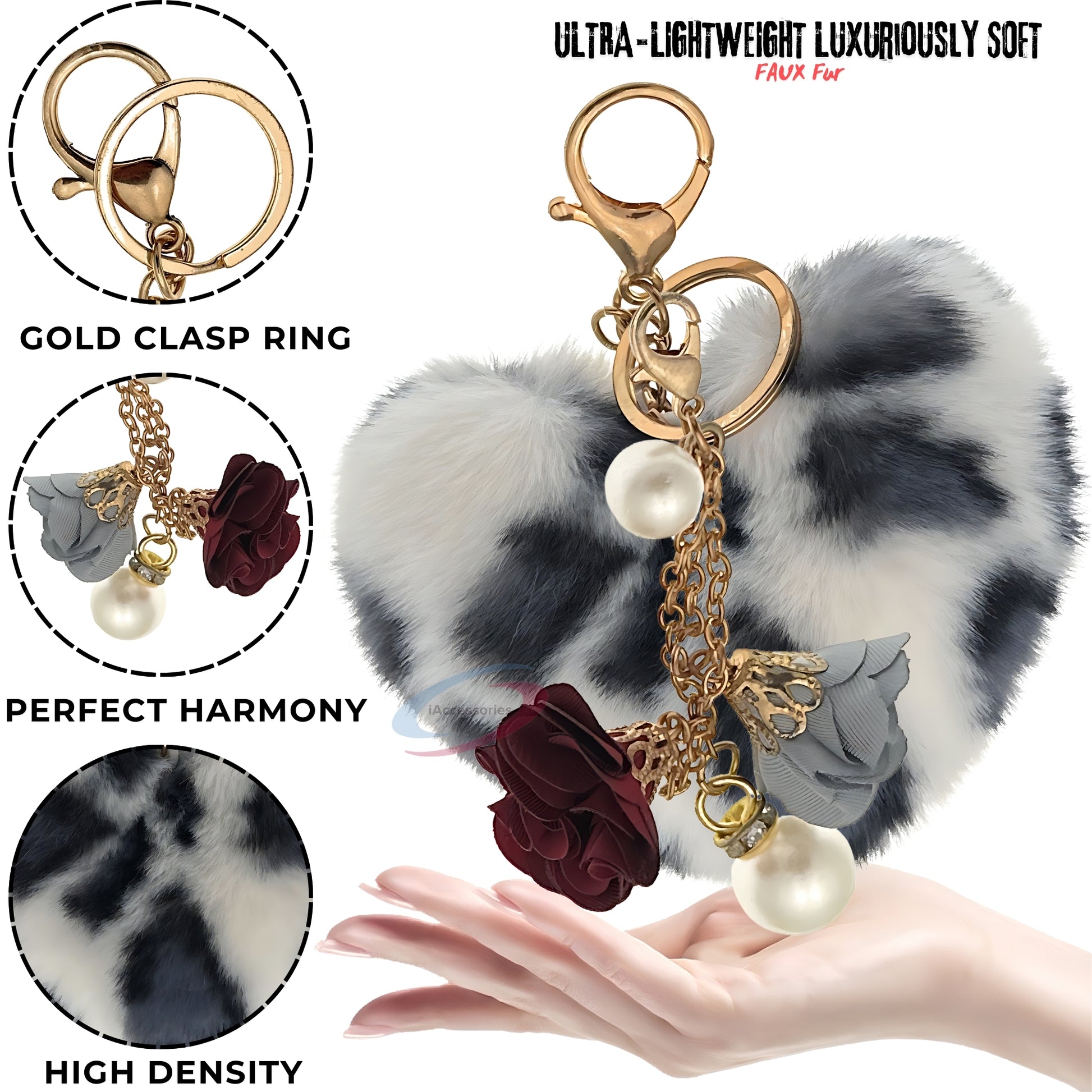 iAccessories Fluffy Faux Fur Pearl Roses Pom Pom Heart Keychain Charm for Girls Bags, Cars, Bikes, Scooty, Home Keys - White Black Lepo - iAccessories