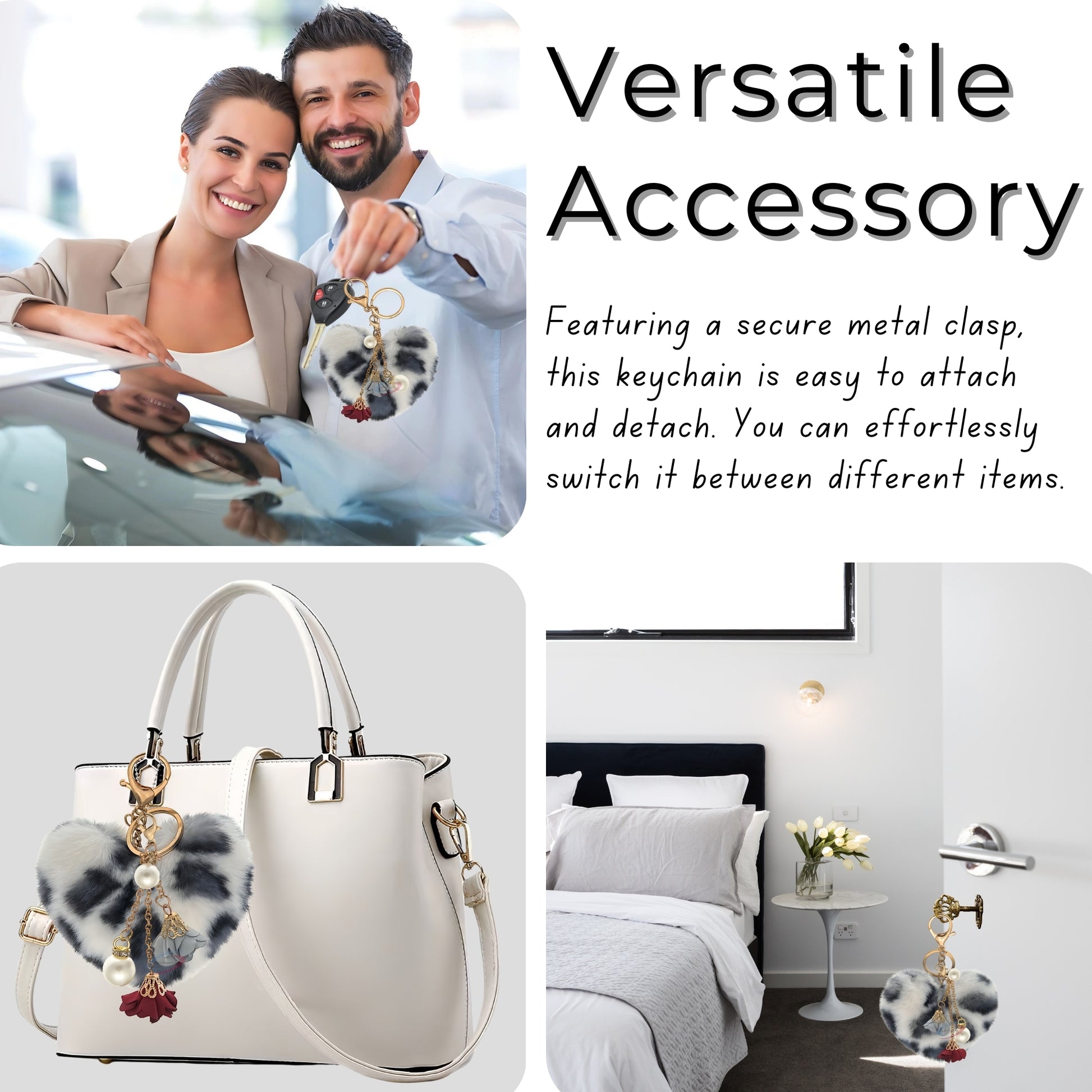 iAccessories Fluffy Faux Fur Pearl Roses Pom Pom Heart Keychain Charm for Girls Bags, Cars, Bikes, Scooty, Home Keys - White Black Lepo - iAccessories