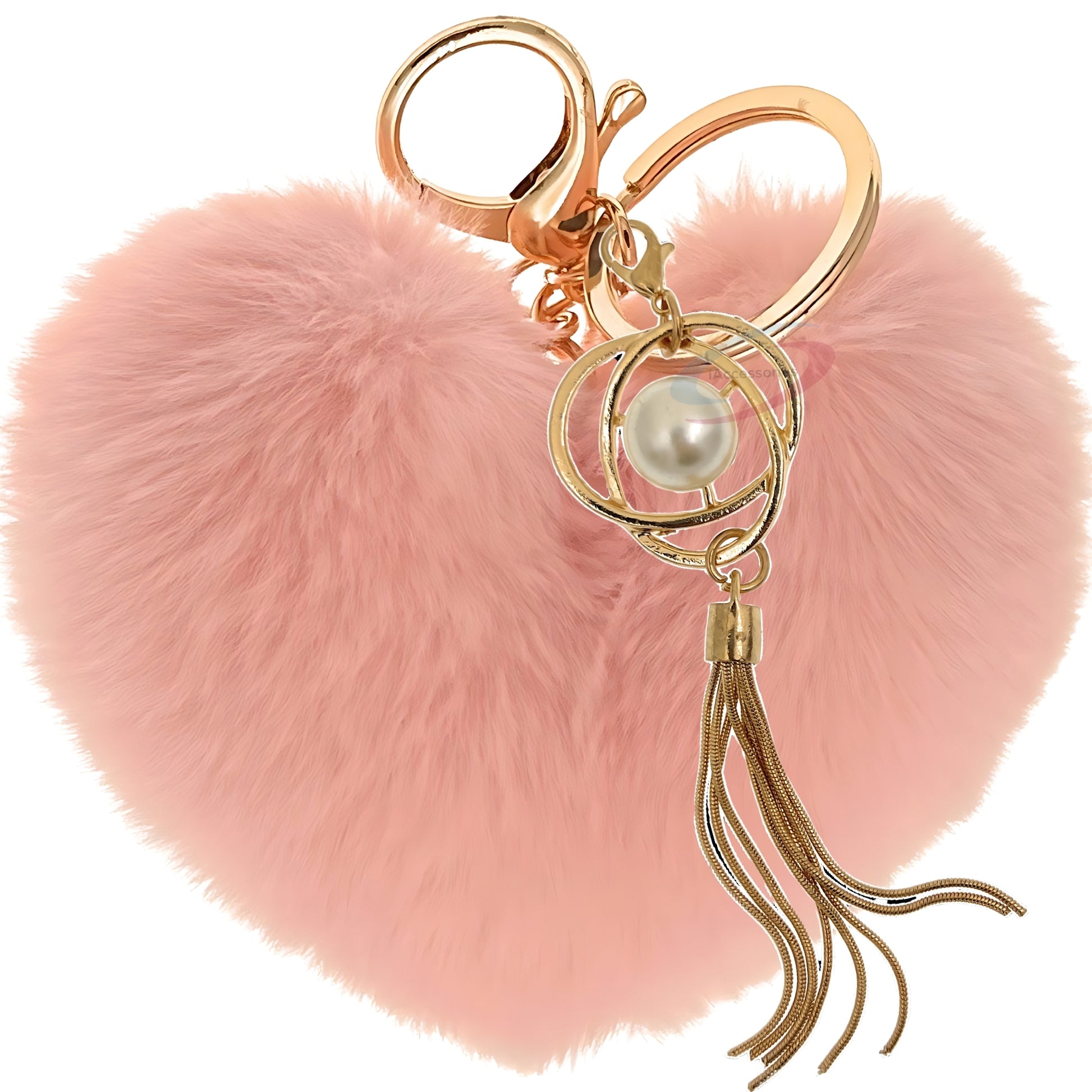 iAccessories Fluffy Soft Faux Fur Pompom Heart Keychain - Fashionable Pearl Tassel Pendant Charm for Girls | Perfect for Bags, Purses, Wallets, Cars, Bikes, Scooty, Home Keys - Baby Pink - iAccessories