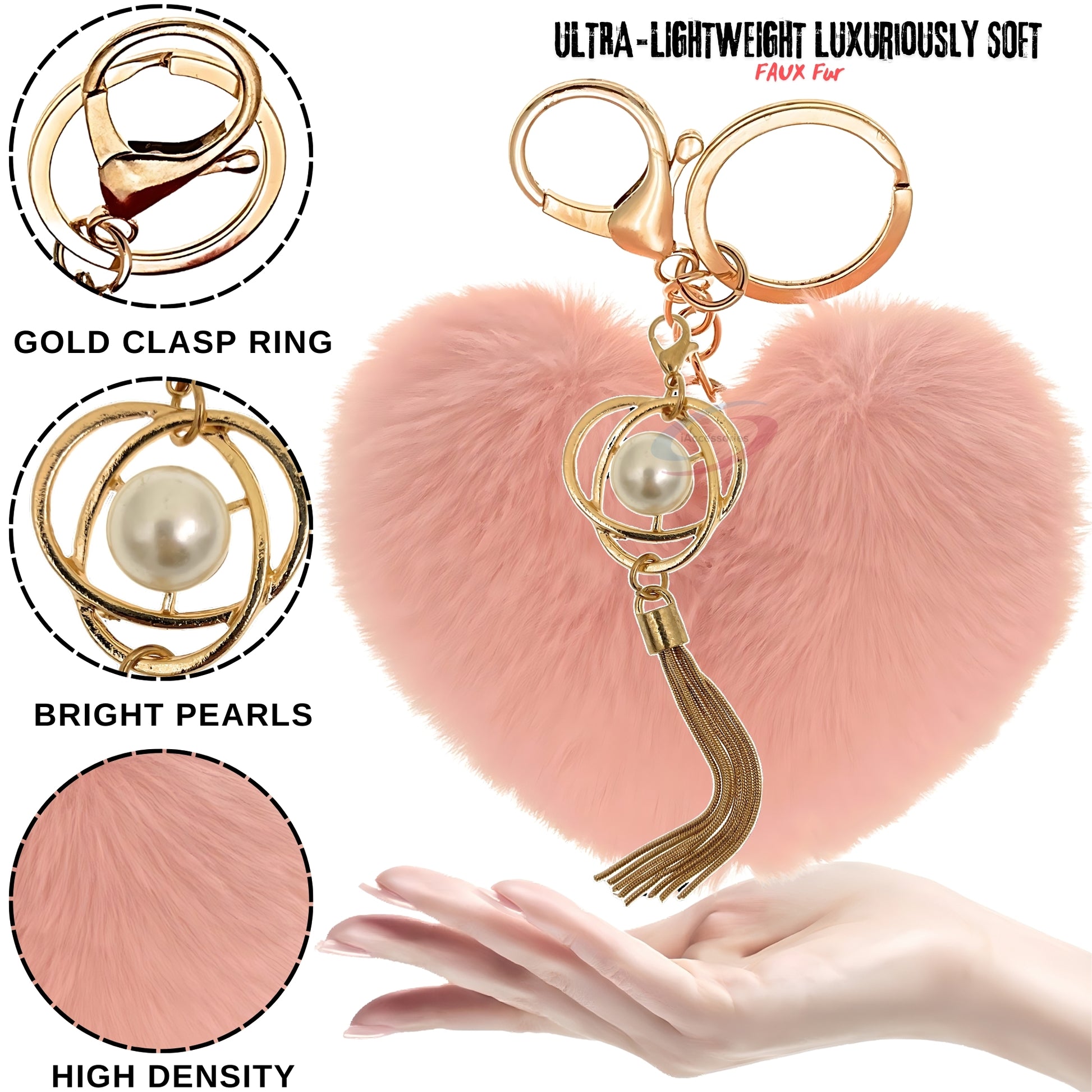 iAccessories Fluffy Soft Faux Fur Pompom Heart Keychain - Fashionable Pearl Tassel Pendant Charm for Girls | Perfect for Bags, Purses, Wallets, Cars, Bikes, Scooty, Home Keys - Baby Pink - iAccessories