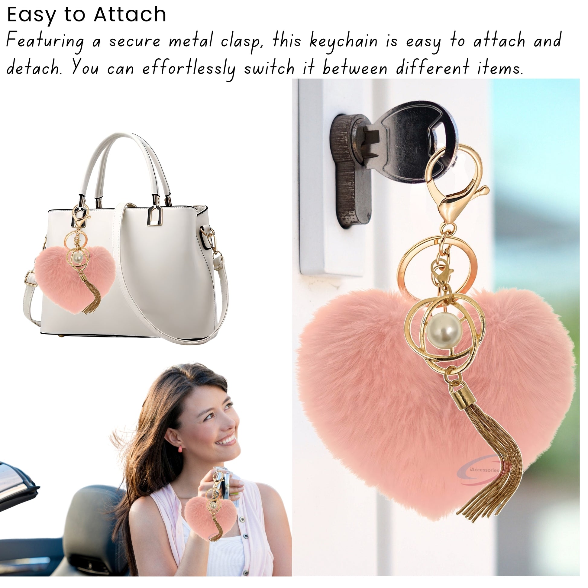 iAccessories Fluffy Soft Faux Fur Pompom Heart Keychain - Fashionable Pearl Tassel Pendant Charm for Girls | Perfect for Bags, Purses, Wallets, Cars, Bikes, Scooty, Home Keys - Baby Pink - iAccessories