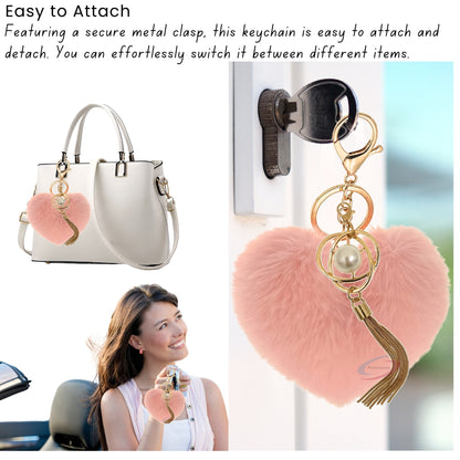 iAccessories Fluffy Soft Faux Fur Pompom Heart Keychain - Fashionable Pearl Tassel Pendant Charm for Girls | Perfect for Bags, Purses, Wallets, Cars, Bikes, Scooty, Home Keys - Baby Pink - iAccessories