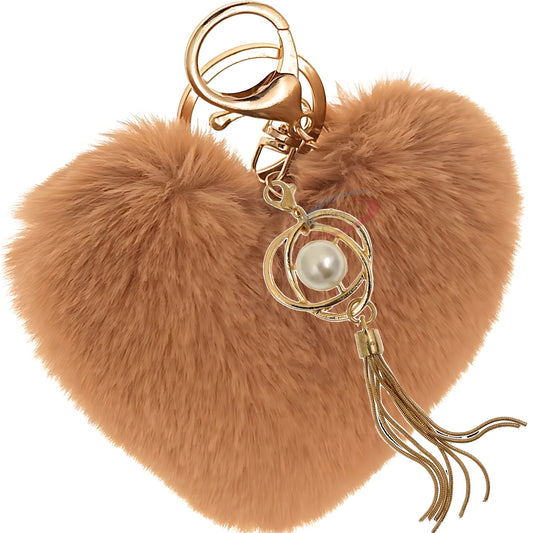 iAccessories Fluffy Soft Faux Fur Pompom Heart Keychain - Fashionable Pearl Tassel Pendant Charm for Girls | Perfect for Bags, Purses, Wallets, Cars, Bikes, Scooty, Home Keys - Brown - iAccessories