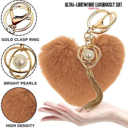 iAccessories Fluffy Soft Faux Fur Pompom Heart Keychain - Fashionable Pearl Tassel Pendant Charm for Girls | Perfect for Bags, Purses, Wallets, Cars, Bikes, Scooty, Home Keys - Brown - iAccessories
