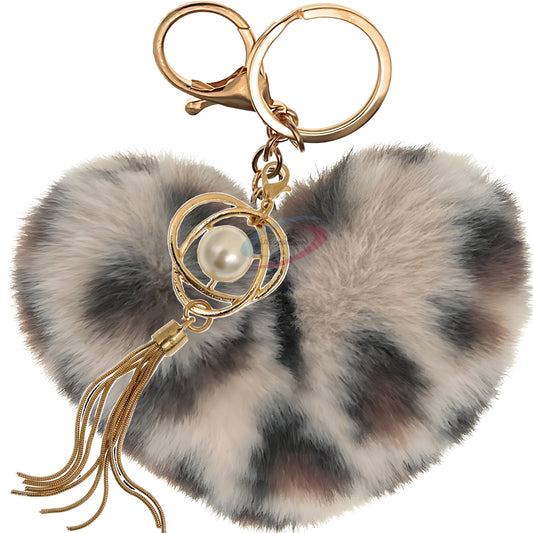 iAccessories Fluffy Soft Faux Fur Pompom Heart Keychain - Fashionable Pearl Tassel Pendant Charm for Girls | Perfect for Bags, Purses, Wallets, Cars, Bikes, Scooty, Home Keys - Cream Lepo - iAccessories