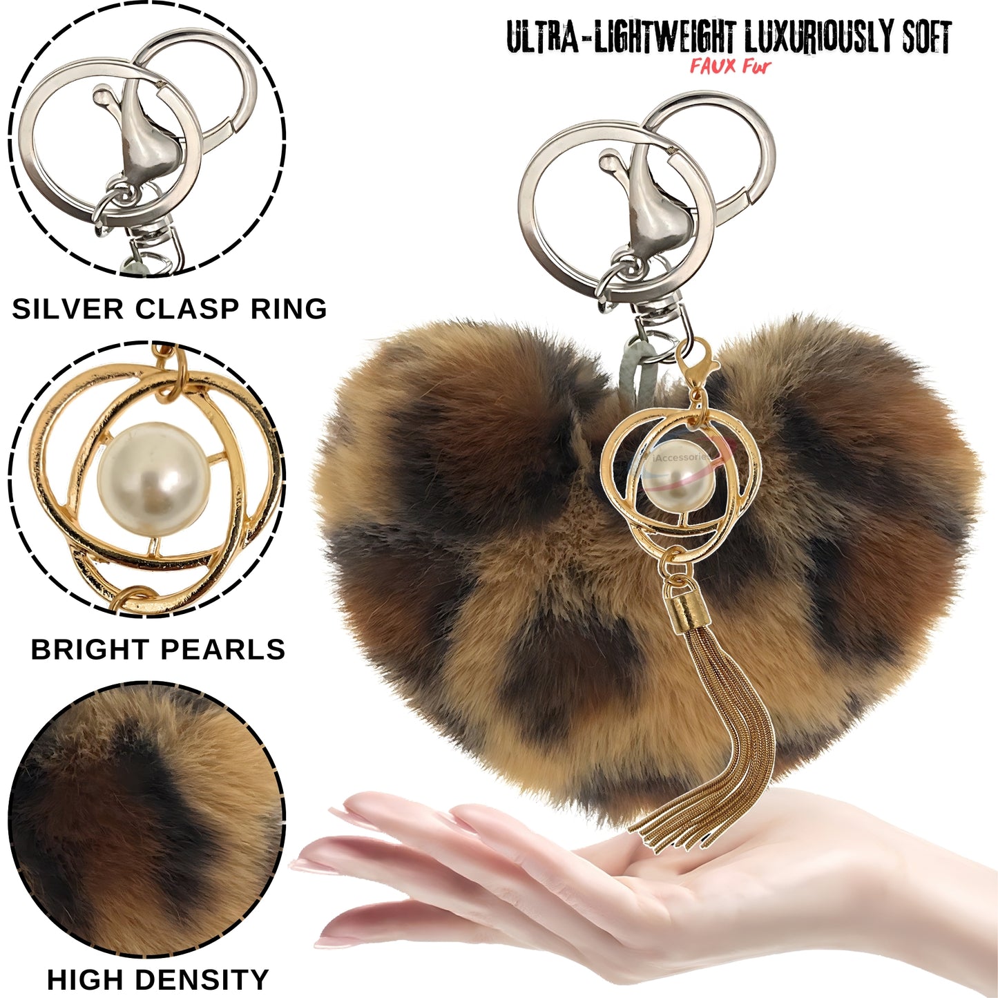 iAccessories Fluffy Soft Faux Fur Pompom Heart Keychain - Fashionable Pearl Tassel Pendant Charm for Girls | Perfect for Bags, Purses, Wallets, Cars, Bikes, Scooty, Home Keys - Dark Brown Lepo - iAccessories