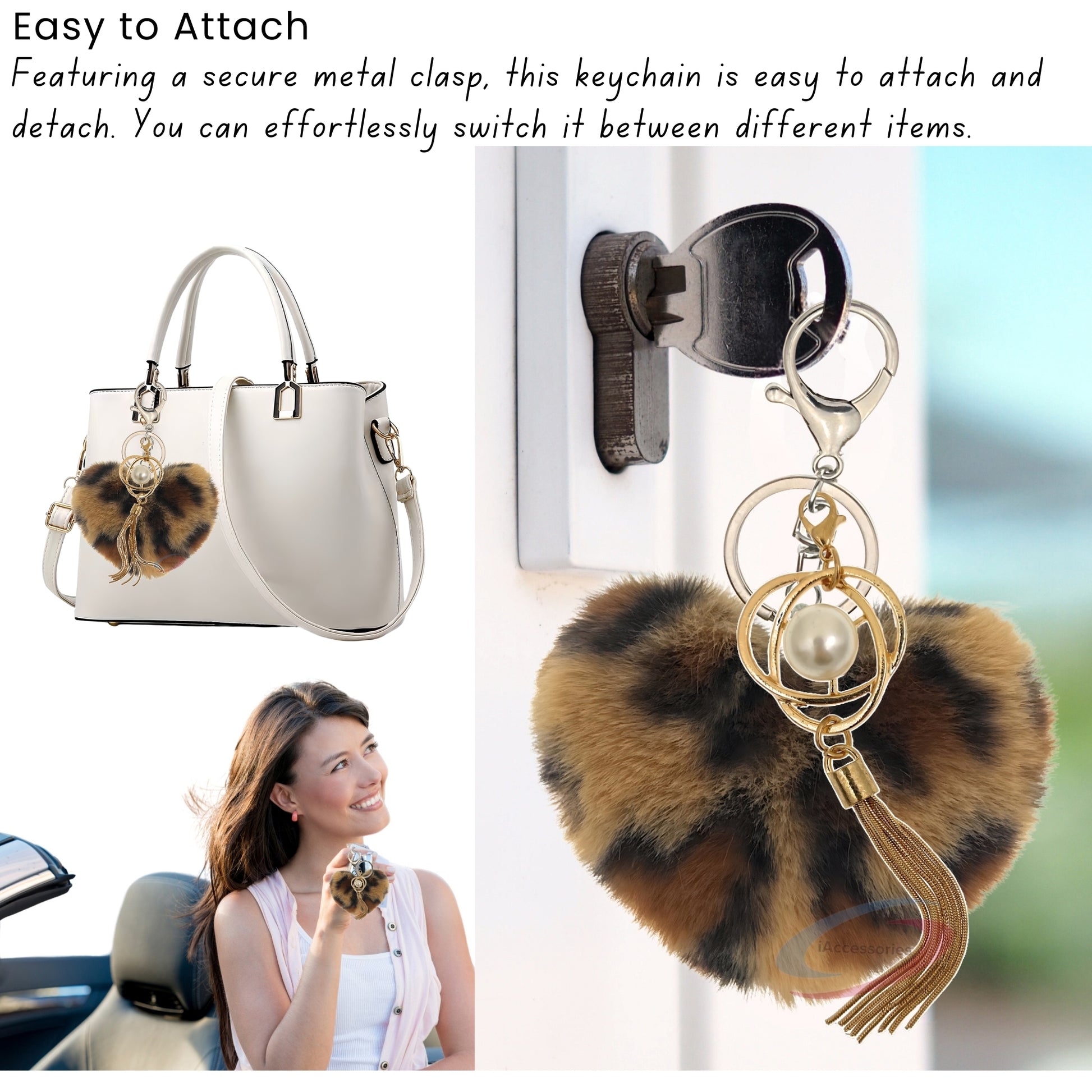 iAccessories Fluffy Soft Faux Fur Pompom Heart Keychain - Fashionable Pearl Tassel Pendant Charm for Girls | Perfect for Bags, Purses, Wallets, Cars, Bikes, Scooty, Home Keys - Dark Brown Lepo - iAccessories