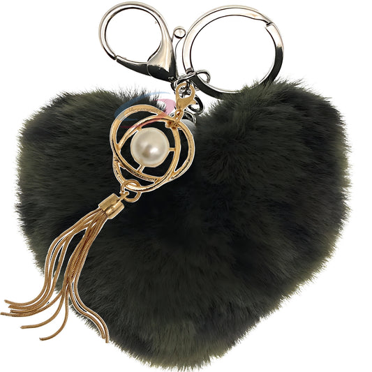 iAccessories Fluffy Soft Faux Fur Pompom Heart Keychain - Fashionable Pearl Tassel Pendant Charm for Girls | Perfect for Bags, Purses, Wallets, Cars, Bikes, Scooty, Home Keys - Dark Green Lepo - iAccessories